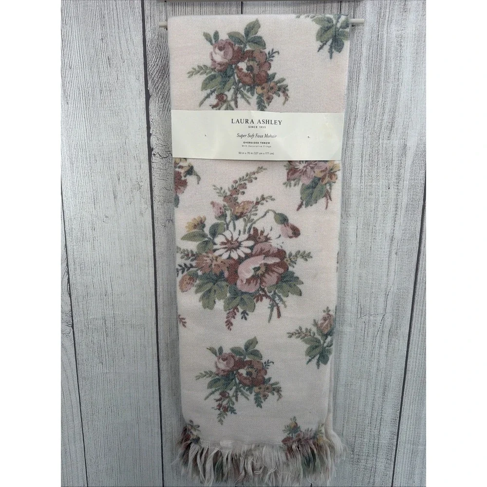 Laura Ashley Throw Blanket 50x70 Cream Floral Super Soft Faux Mohair Cottage